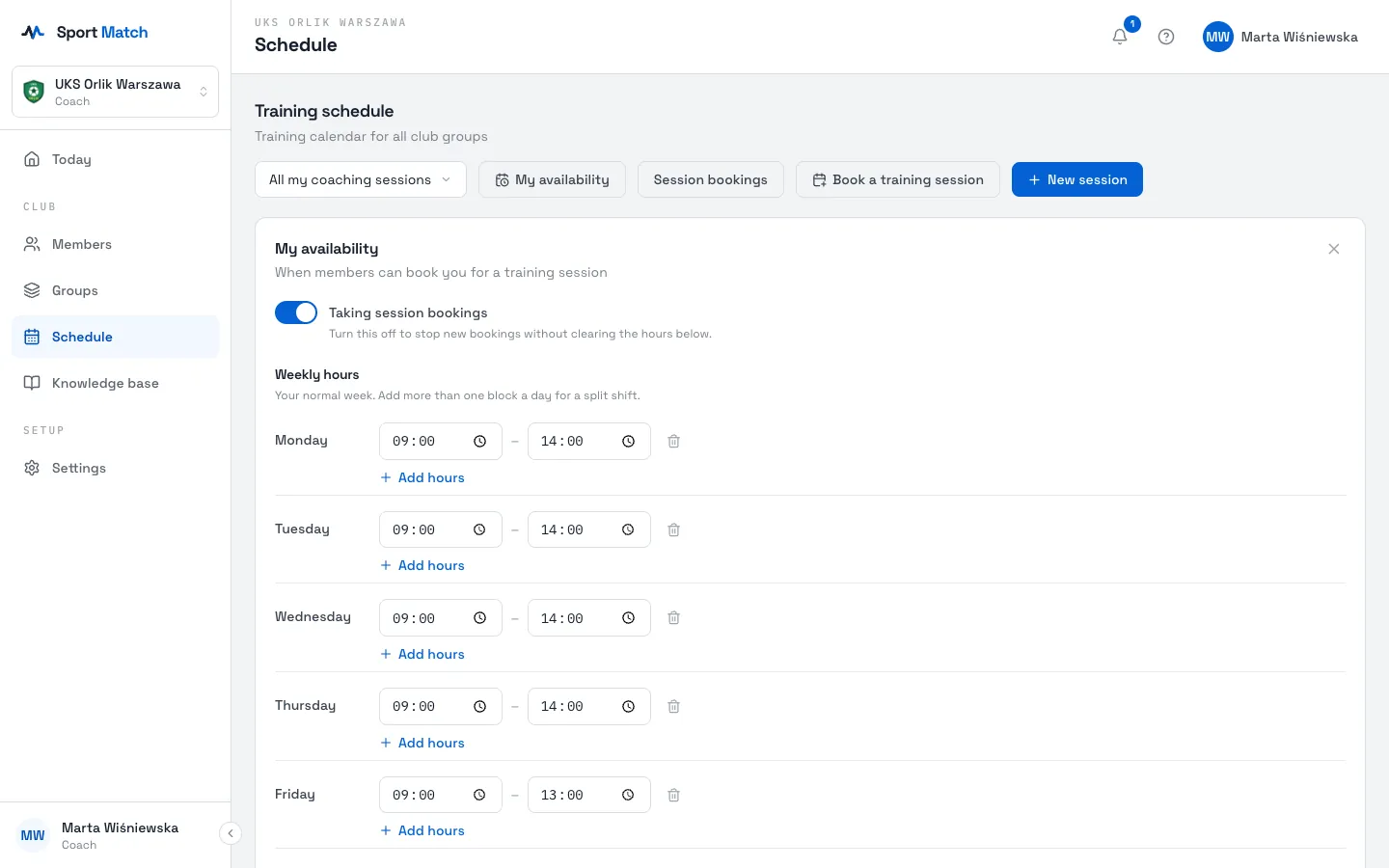 Sport Match screenshot: Turn on Taking session bookings. Turning it off pauses new bookings without clearing your hours.