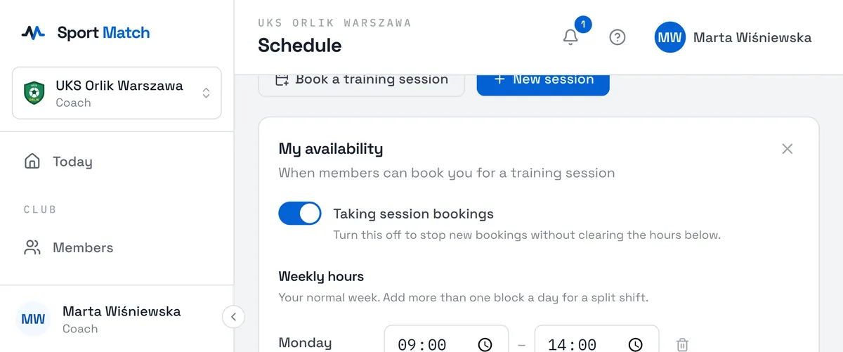 Sport Match screenshot: Turn on Taking session bookings. Turning it off pauses new bookings without clearing your hours.
