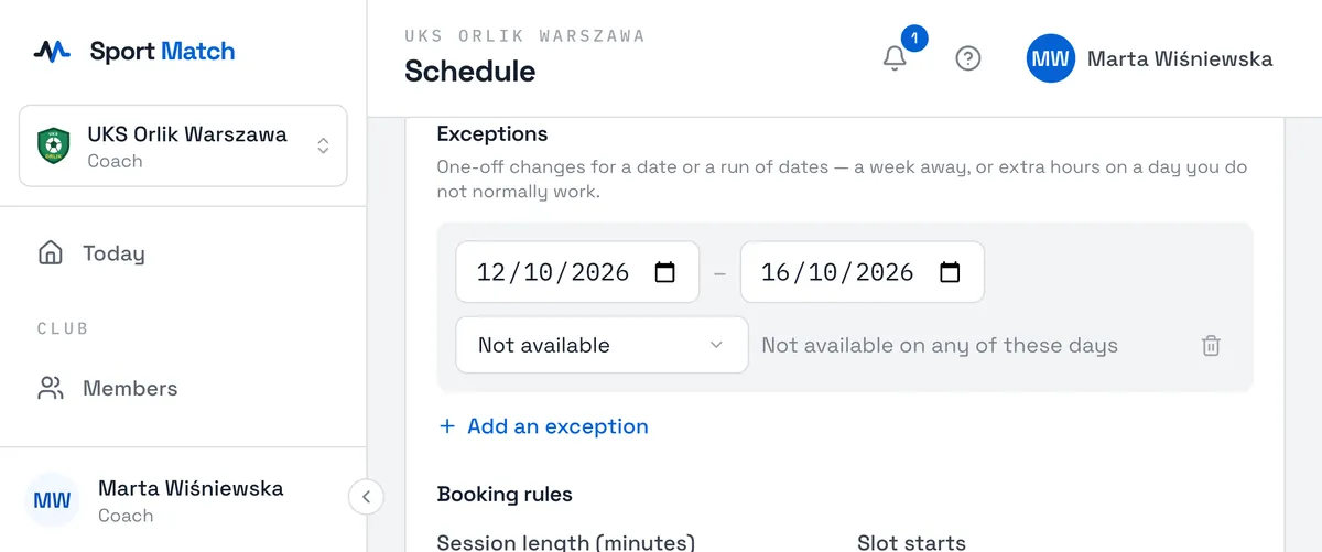 Sport Match screenshot: An exception: time off from 12 to 16 October.