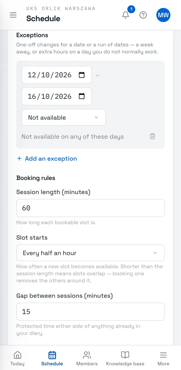 Sport Match screenshot: An exception: time off from 12 to 16 October.