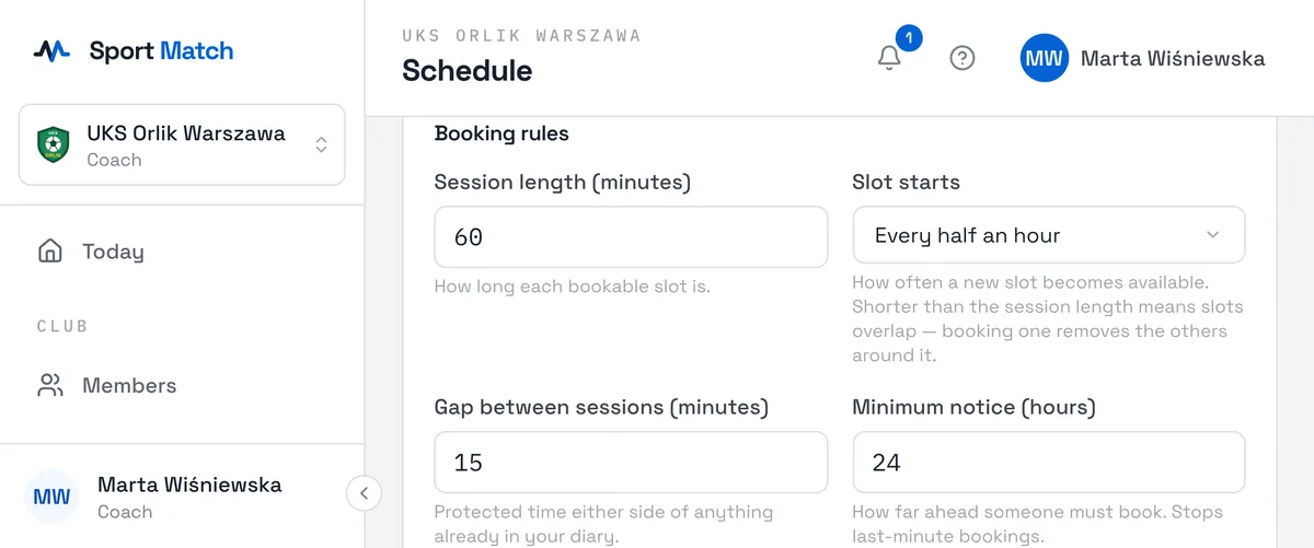 Sport Match screenshot: Booking rules.
