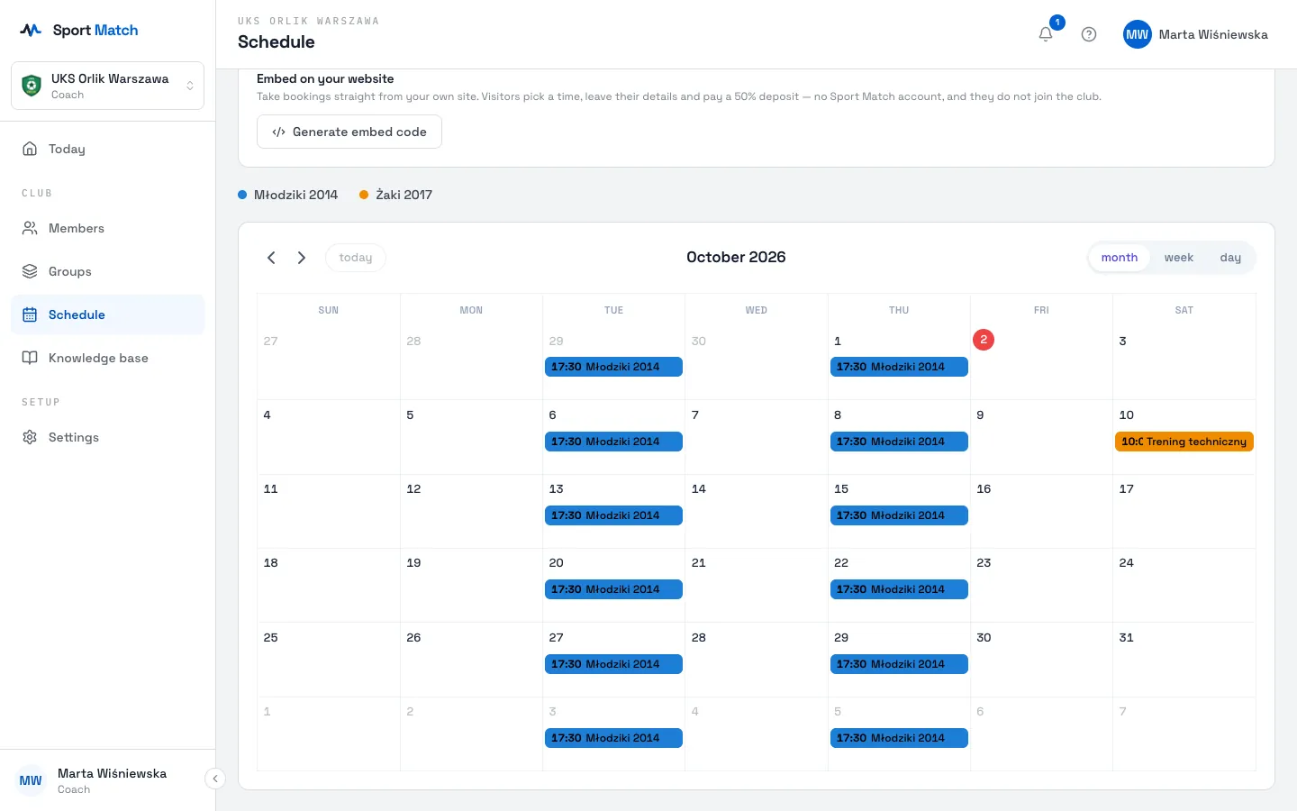 Sport Match screenshot: Click Copy code and paste it into your site’s editor (as an HTML block). Preview the widget shows what it looks like.