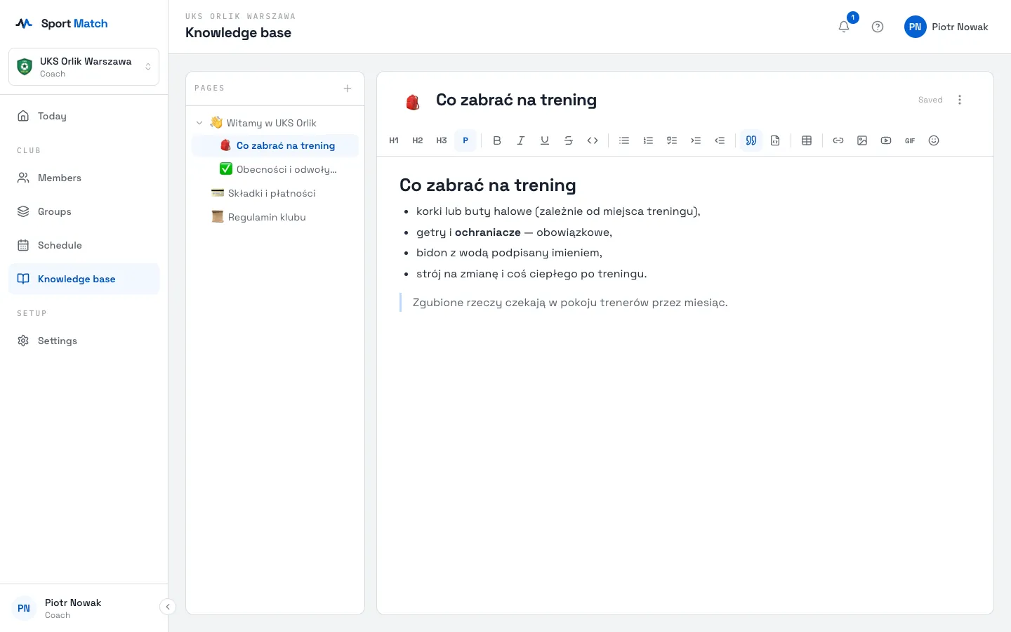 Sport Match screenshot: A knowledge base page in the editor, with its toolbar.