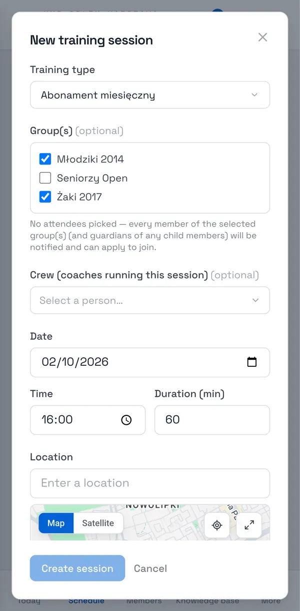 Sport Match screenshot: Tick one or more groups under Group(s) and leave Attendees empty. A note appears below the groups: every member of those groups (and the parents of children) is notified and can apply to join.