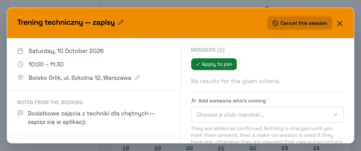 Sport Match screenshot: An open session in the schedule.
