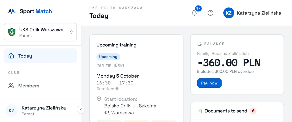 Sport Match screenshot: On a computer the menu runs down the left: Today, Members, Schedule, Payments, Knowledge base and Settings. The arrow at its bottom edge collapses it.