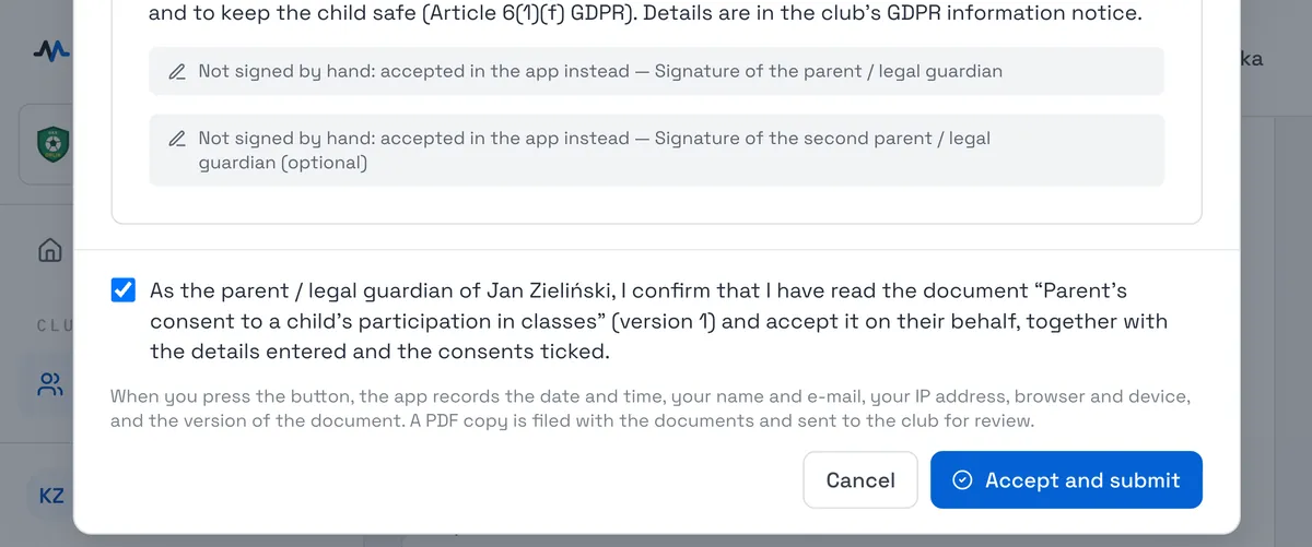 Sport Match screenshot: At the bottom tick the statement that you have read and accept the document (for a child — on their behalf, as their parent or legal guardian), and choose Accept and submit.