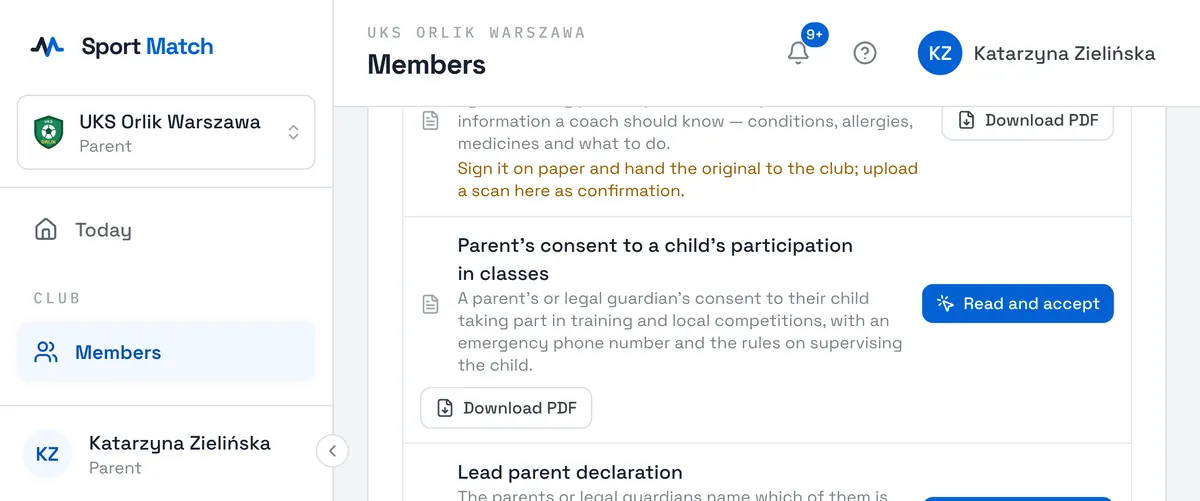 Sport Match screenshot: On the Documents tab choose Read and accept next to the form (or click the missing document under Required by the club, or the Read and accept link on Today).