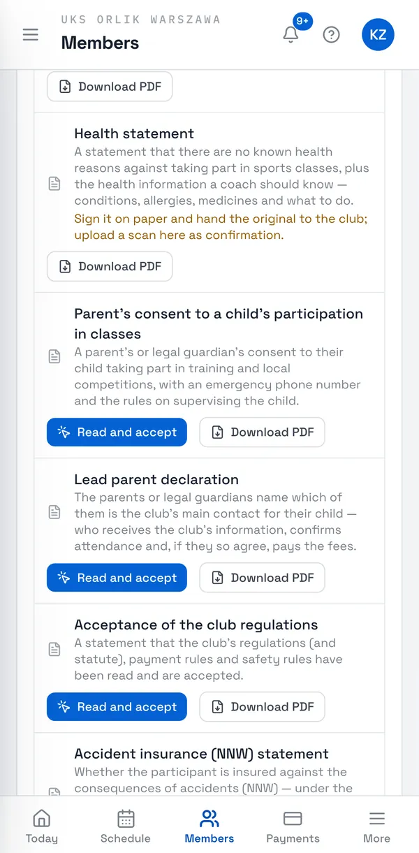 Sport Match screenshot: On the Documents tab choose Read and accept next to the form (or click the missing document under Required by the club, or the Read and accept link on Today).