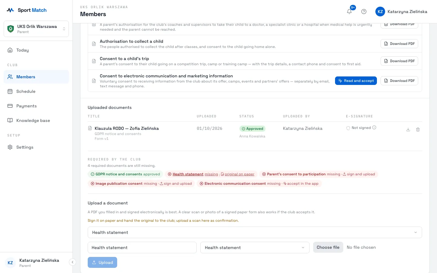 Sport Match screenshot: A document whose original goes to the club — the hint in the upload form.