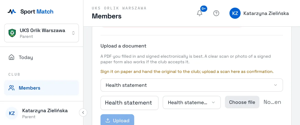 Sport Match screenshot: A document whose original goes to the club — the hint in the upload form.