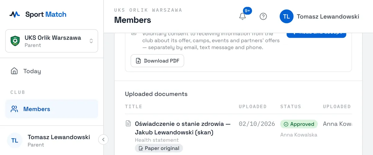 Sport Match screenshot: A rejected document with its reason, and the list of required documents.
