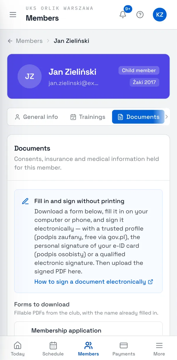 Sport Match screenshot: Under Forms to download choose Download PDF next to the document you need. It’s the club’s fillable PDF, with the name already filled in.