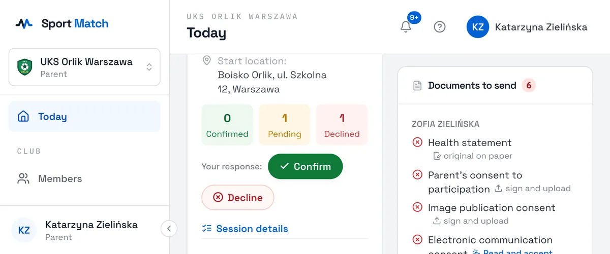 Sport Match screenshot: The “Documents to send” card of a parent of two.