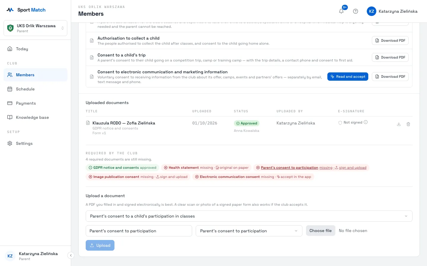 Sport Match screenshot: On the Documents tab, under Required by the club, click a missing document marked sign and upload — the upload form opens with that document already chosen. Or scroll down to Upload a document.