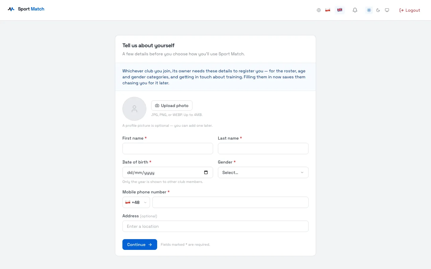 Sport Match screenshot: The “Tell us about yourself” screen. Other club members only ever see your year of birth.