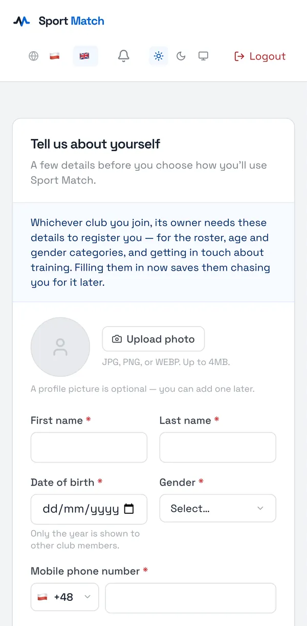 Sport Match screenshot: The “Tell us about yourself” screen. Other club members only ever see your year of birth.
