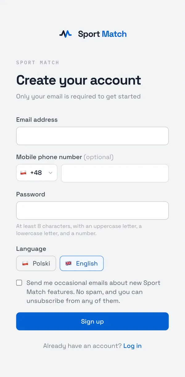Sport Match screenshot: Enter your Email address and a Password (at least 8 characters, with an uppercase letter, a lowercase letter and a number). The phone number is optional. Pick your language and choose Sign up.