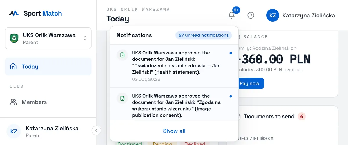 Sport Match screenshot: Click the bell at the top of the screen. The number on it counts unread notifications; the list shows the latest. Clicking one opens the page it’s about.