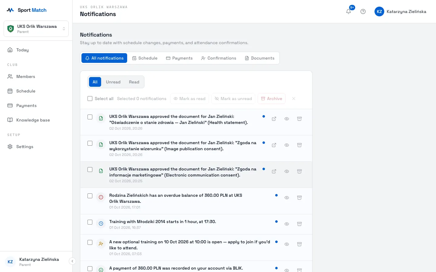 Sport Match screenshot: Choose Show all to open the Notifications page. The tabs at the top filter by subject (Schedule, Payments, Confirmations, Documents), and All / Unread / Read by state.