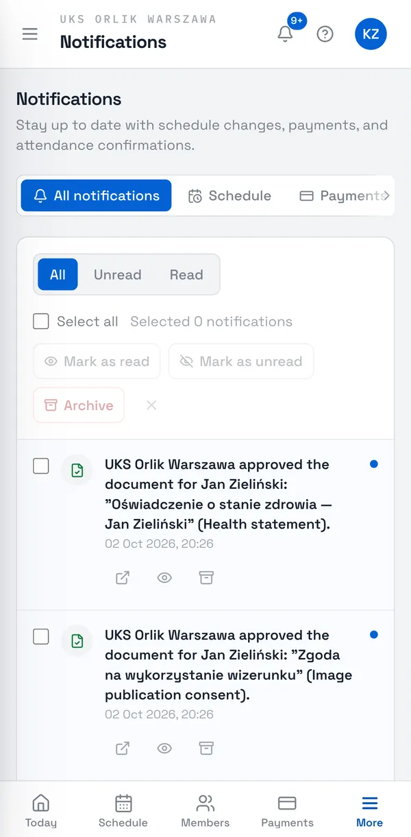Sport Match screenshot: Choose Show all to open the Notifications page. The tabs at the top filter by subject (Schedule, Payments, Confirmations, Documents), and All / Unread / Read by state.
