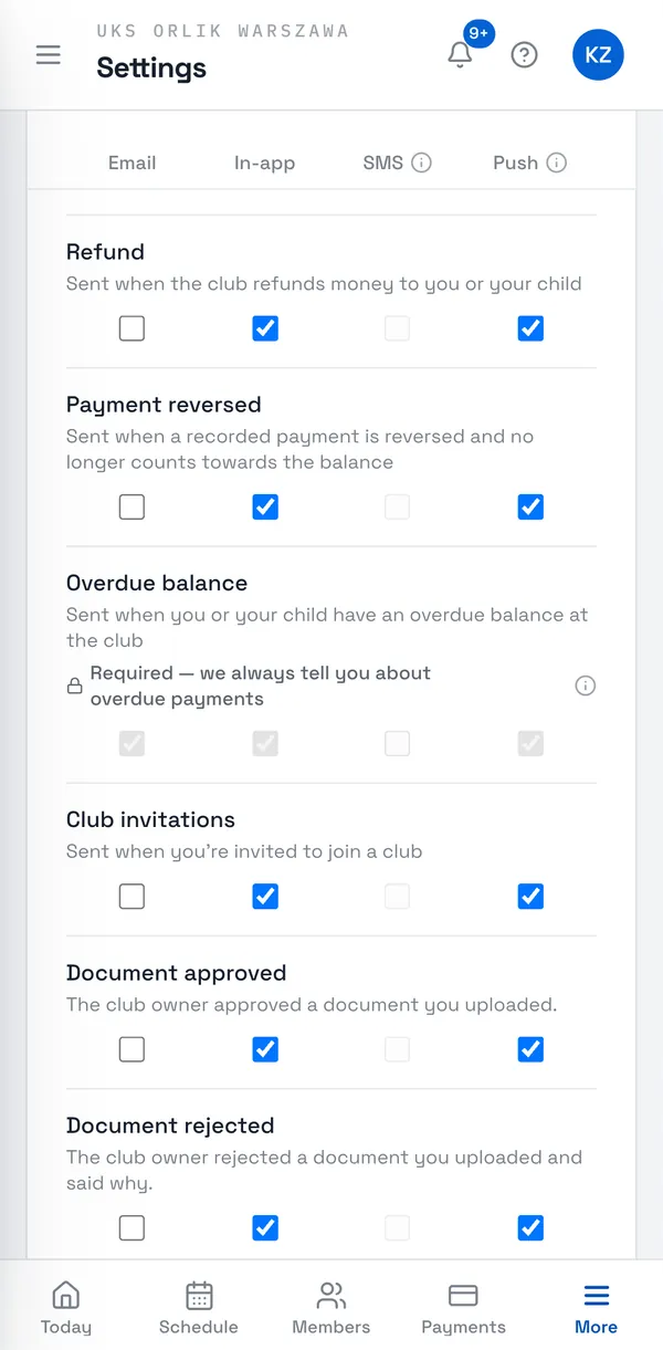 Sport Match screenshot: Overdue balance: channels ticked and locked.