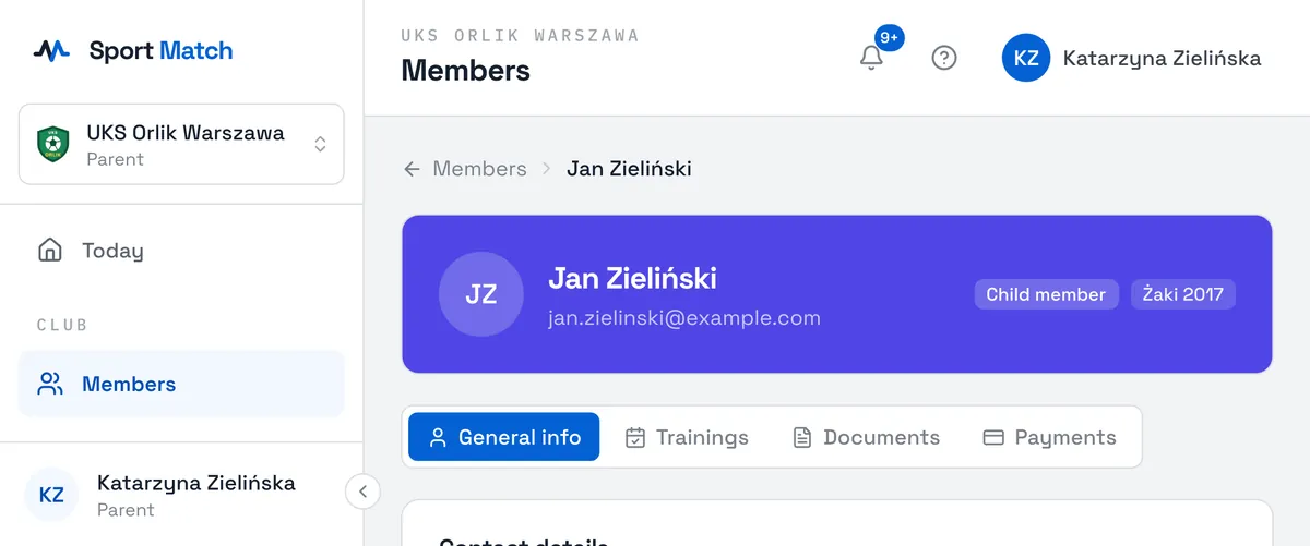 Sport Match screenshot: Click a child to open their page. General info shows their contact details and the Parents / guardians list with what each of them may do.