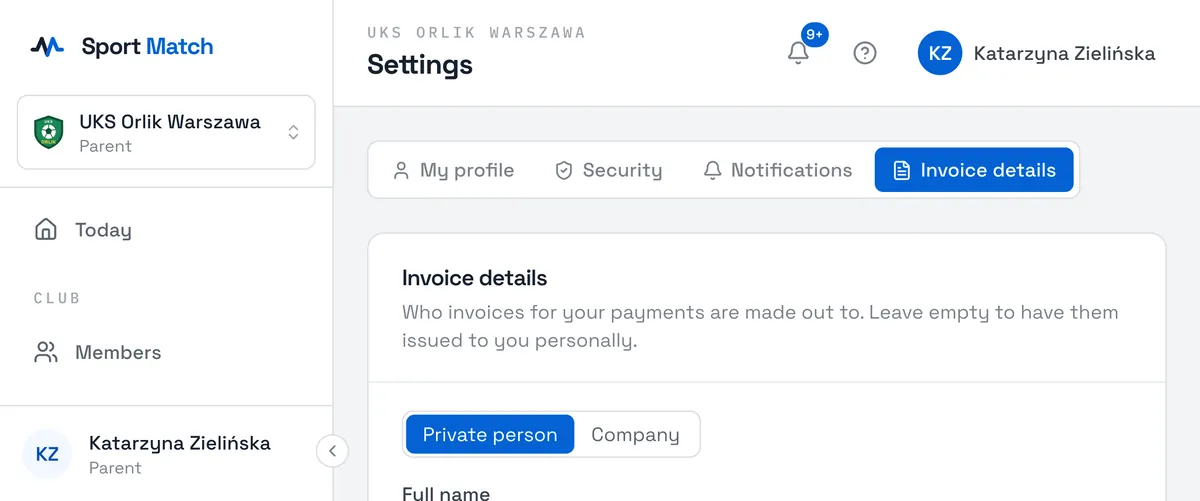 Sport Match screenshot: Invoice details.