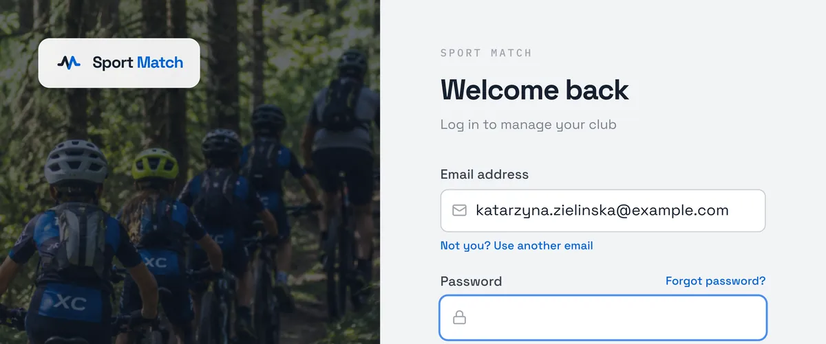 Sport Match screenshot: The remembered email and “Not you?” on the login page.