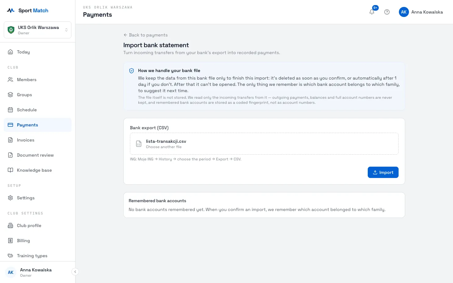 Sport Match screenshot: In Sport Match open Payments and choose Import bank statement. Pick the file you downloaded and choose Import.