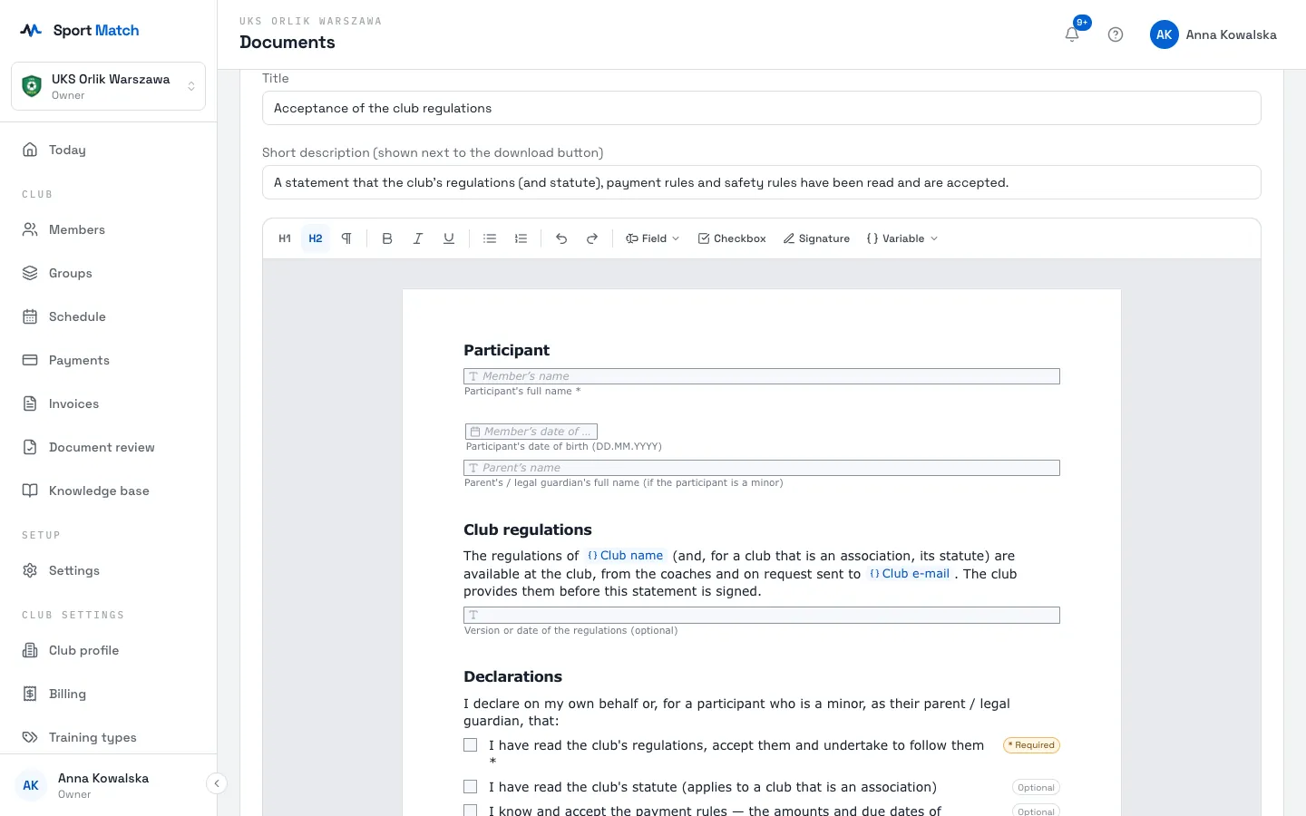 Sport Match screenshot: Click Edit next to your template. At the top, pick the Document type (where uploads are filed) and Who it is for: Everyone, Children (signed by a parent) or Adults.