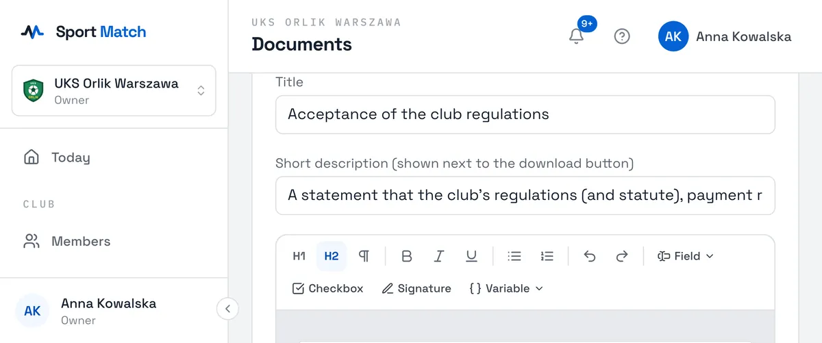 Sport Match screenshot: Click Edit next to your template. At the top, pick the Document type (where uploads are filed) and Who it is for: Everyone, Children (signed by a parent) or Adults.