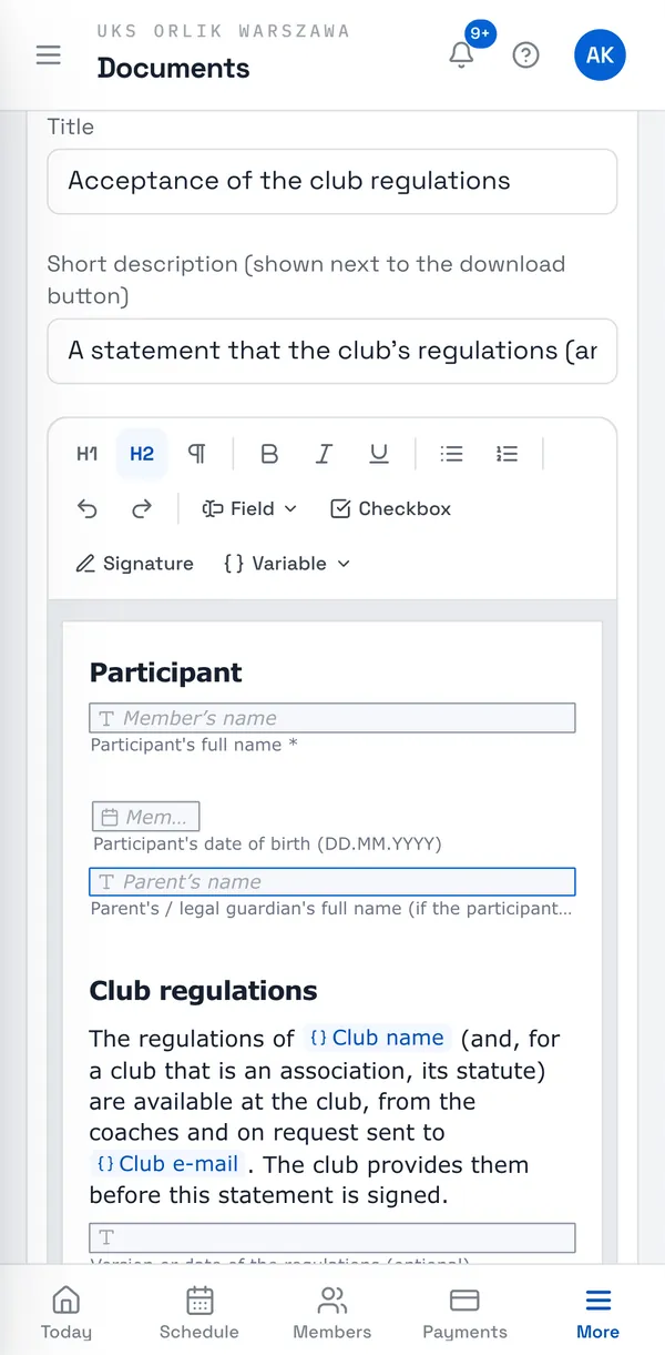 Sport Match screenshot: Click Edit next to your template. At the top, pick the Document type (where uploads are filed) and Who it is for: Everyone, Children (signed by a parent) or Adults.