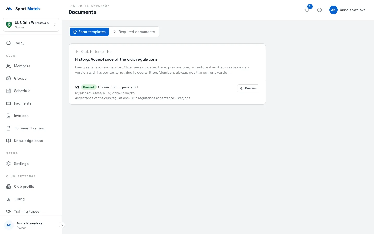 Sport Match screenshot: Click History next to a template. Each version has a date and an author; Preview shows its PDF, and Restore makes a new version with its content — nothing is overwritten.