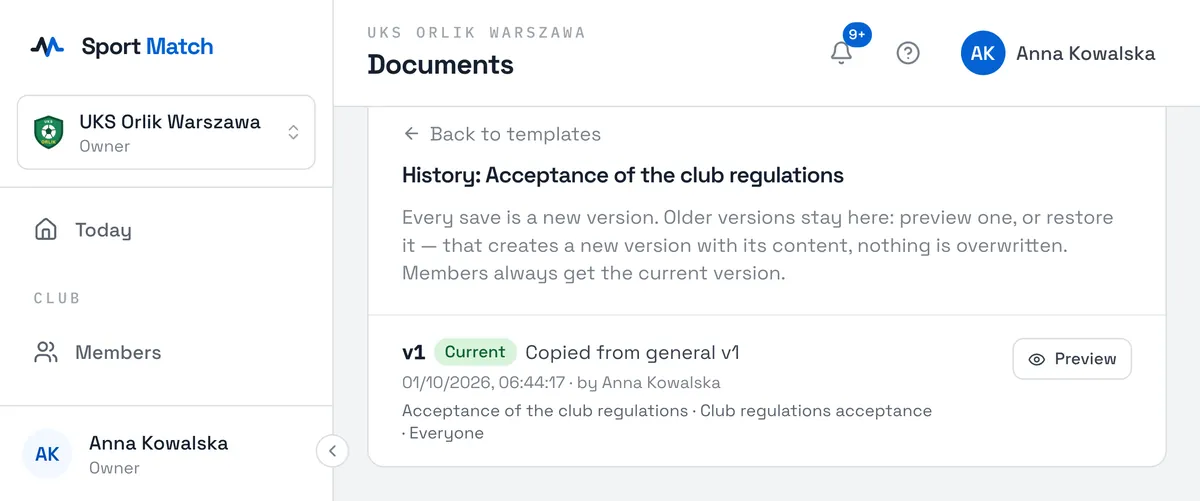 Sport Match screenshot: Click History next to a template. Each version has a date and an author; Preview shows its PDF, and Restore makes a new version with its content — nothing is overwritten.