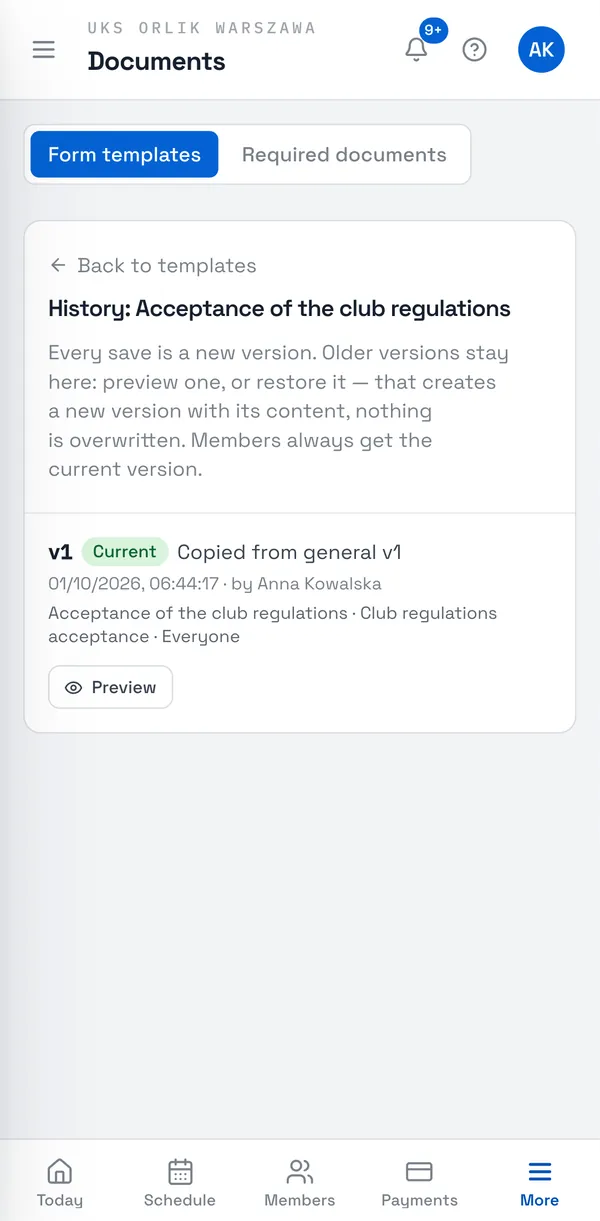 Sport Match screenshot: Click History next to a template. Each version has a date and an author; Preview shows its PDF, and Restore makes a new version with its content — nothing is overwritten.