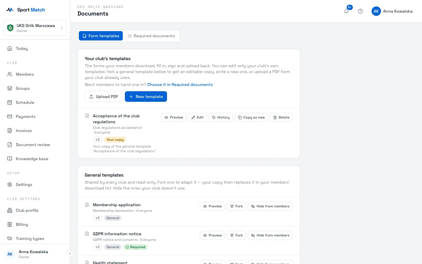 Sport Match screenshot: Under Club settings in the menu, open Documents, Form templates tab.