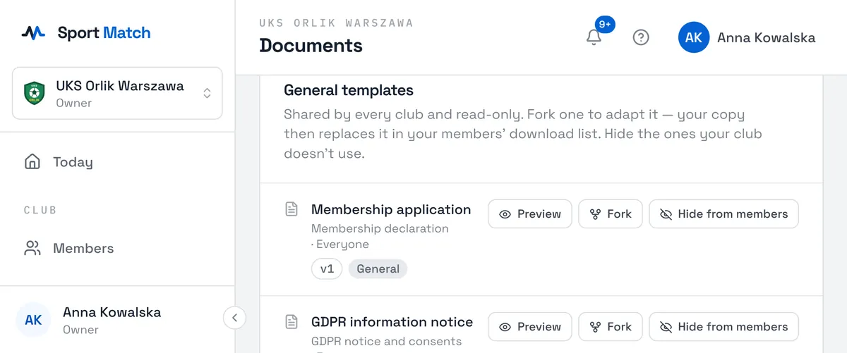 Sport Match screenshot: Under Club settings in the menu, open Documents, Form templates tab.