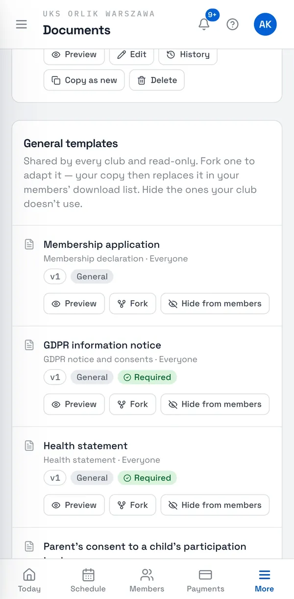 Sport Match screenshot: Under Club settings in the menu, open Documents, Form templates tab.