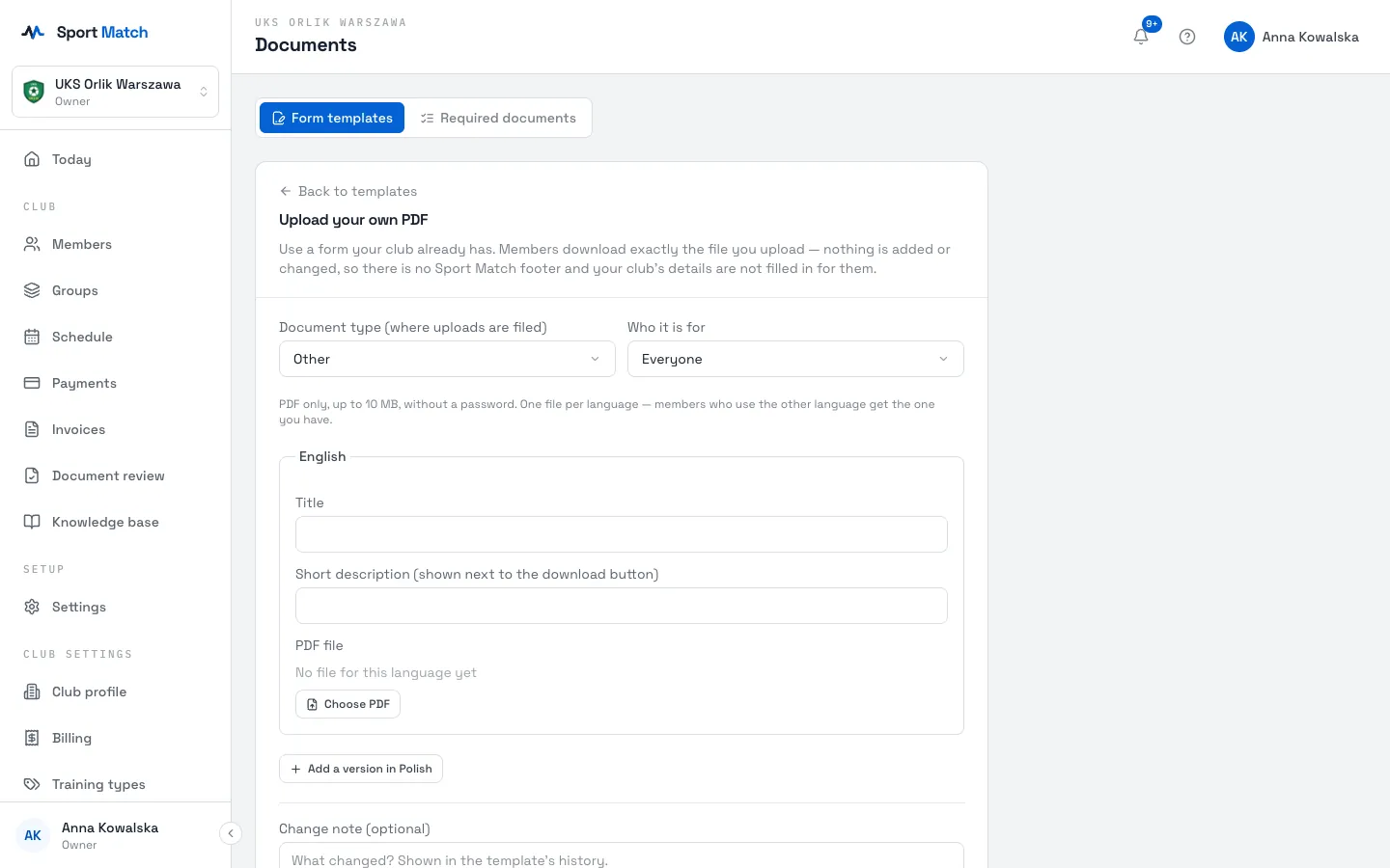 Sport Match screenshot: Click Upload PDF. Choose the Document type and Who it is for, enter a Title and a Short description, then Choose PDF.