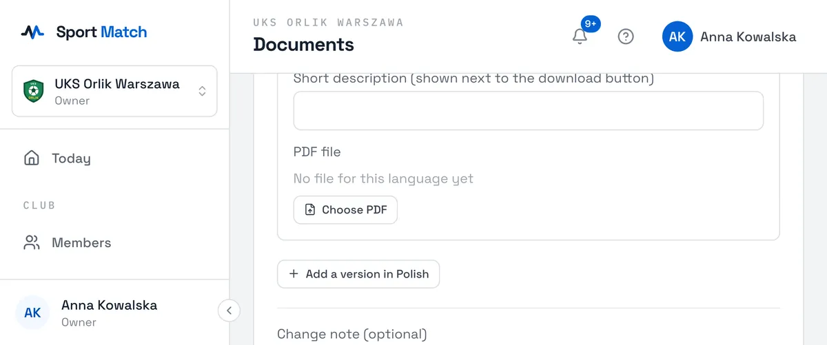 Sport Match screenshot: Click Upload PDF. Choose the Document type and Who it is for, enter a Title and a Short description, then Choose PDF.