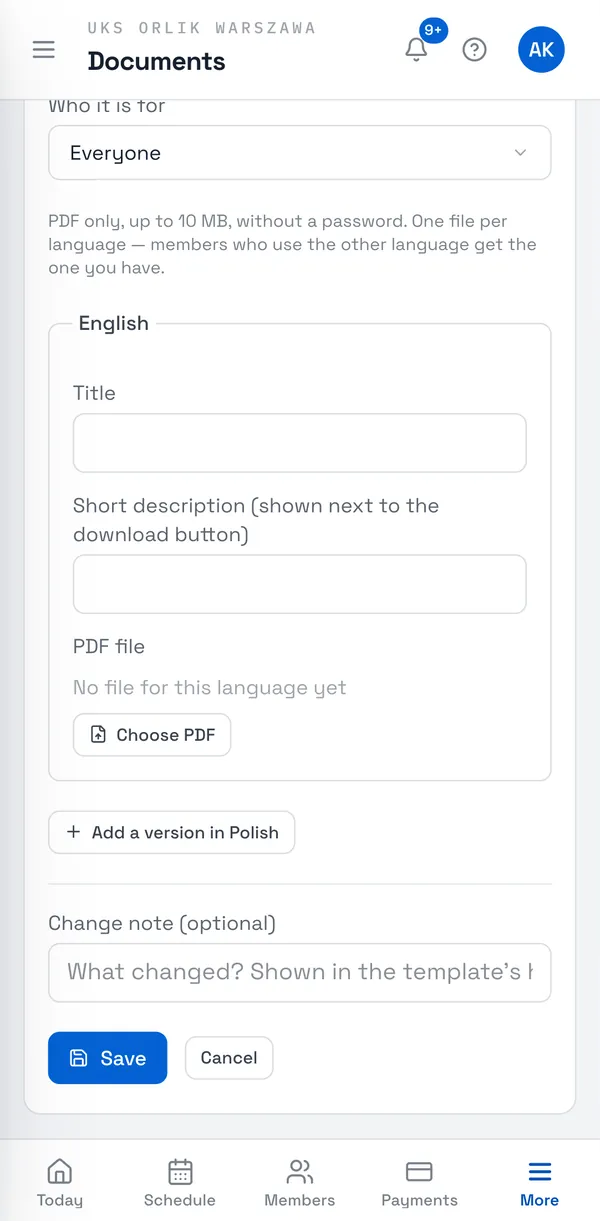 Sport Match screenshot: Click Upload PDF. Choose the Document type and Who it is for, enter a Title and a Short description, then Choose PDF.