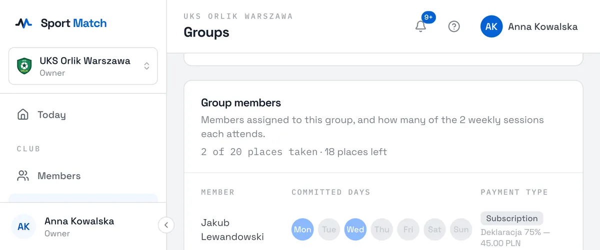 Sport Match screenshot: If the group has Max members set, the page shows how many places are taken and how many are left (e.g. “2 of 20 places taken · 18 places left”). Nobody more can be assigned to a full group — remove someone first, or raise the limit in the group’s settings.