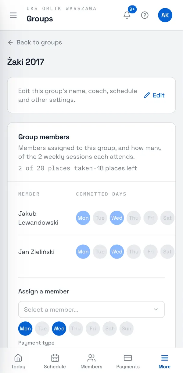 Sport Match screenshot: If the group has Max members set, the page shows how many places are taken and how many are left (e.g. “2 of 20 places taken · 18 places left”). Nobody more can be assigned to a full group — remove someone first, or raise the limit in the group’s settings.