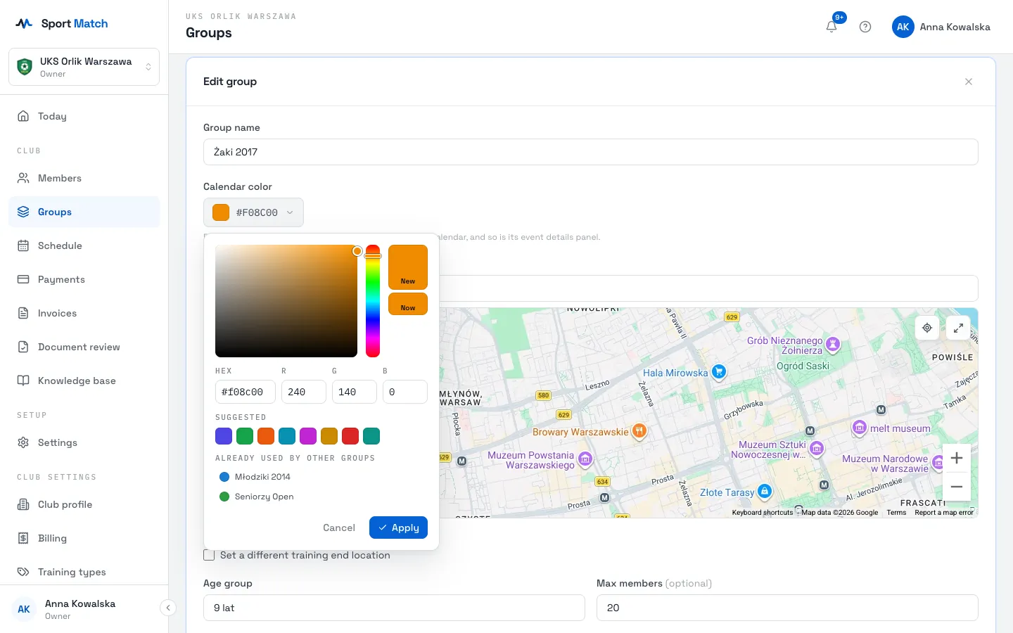 Sport Match screenshot: Picking a colour — with the other groups’ colours listed, so they don’t clash.