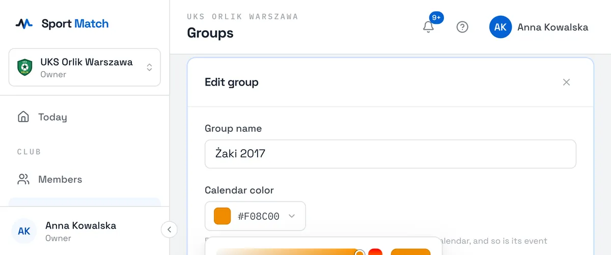Sport Match screenshot: Picking a colour — with the other groups’ colours listed, so they don’t clash.