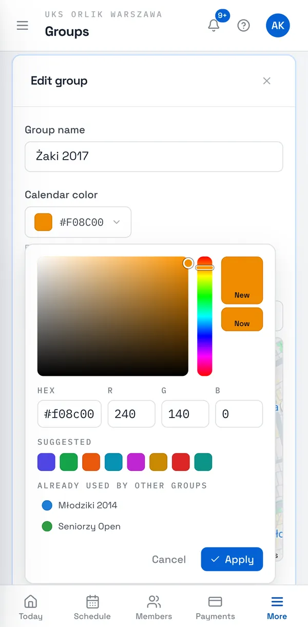 Sport Match screenshot: Picking a colour — with the other groups’ colours listed, so they don’t clash.