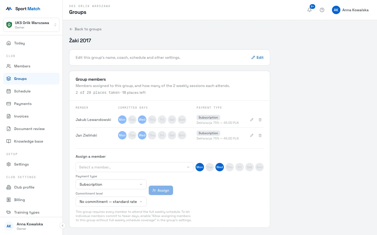 Sport Match screenshot: Under Assign a member, pick someone from Select a member…, set the Payment type (Subscription or Pay as you go) and, for a subscription, the Commitment level. Choose Assign.