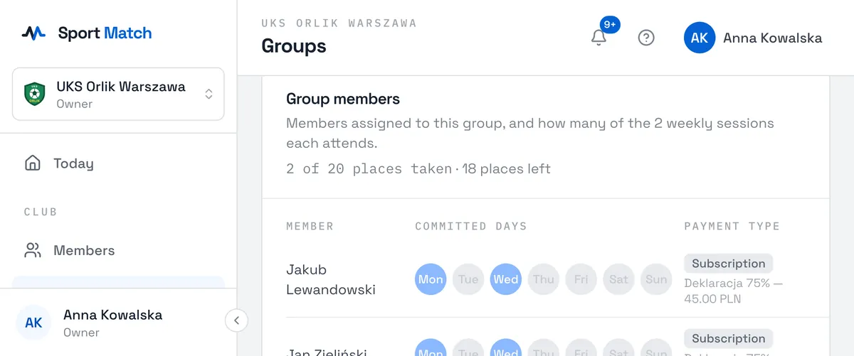 Sport Match screenshot: Under Assign a member, pick someone from Select a member…, set the Payment type (Subscription or Pay as you go) and, for a subscription, the Commitment level. Choose Assign.