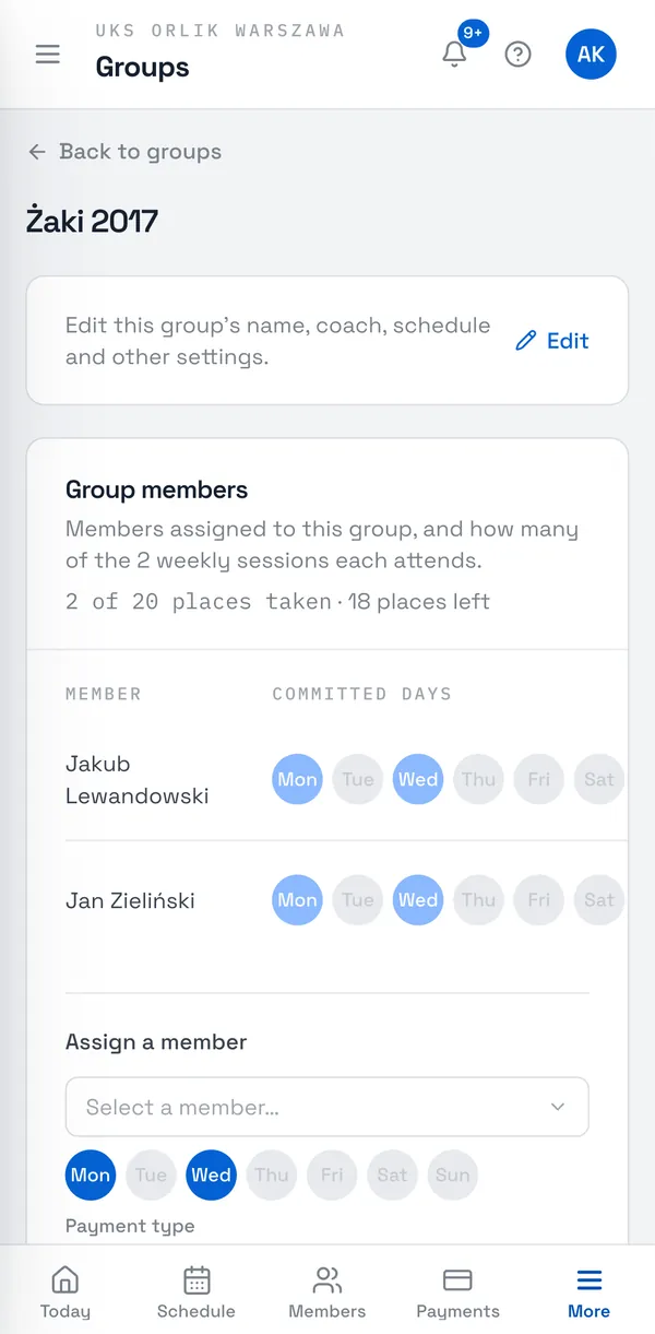 Sport Match screenshot: Under Assign a member, pick someone from Select a member…, set the Payment type (Subscription or Pay as you go) and, for a subscription, the Commitment level. Choose Assign.